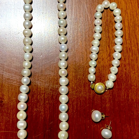 Vintage real pearl set long necklace bracelet earrings with real diamonds & gold - Picture 9 of 16
